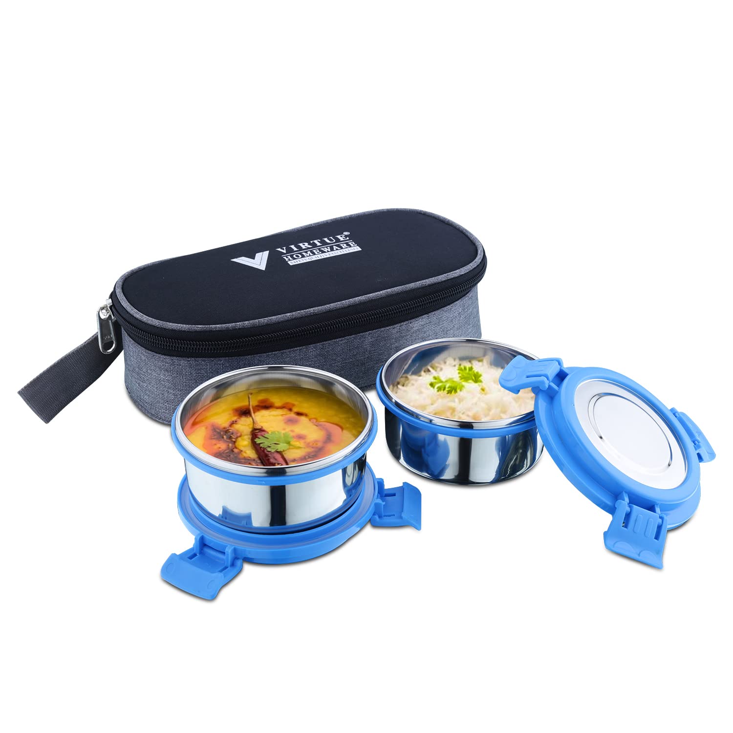 VIRTUE HOMEWARE All Steel 2 Stainless Steel Lunchbox Pack / 2 PC AIR Tight Stainless Steel CONTAINERS/Insulated Fibre Bags | Leak Proof | Microwave Safe | Full Meal | Easy to Carry (Blue)