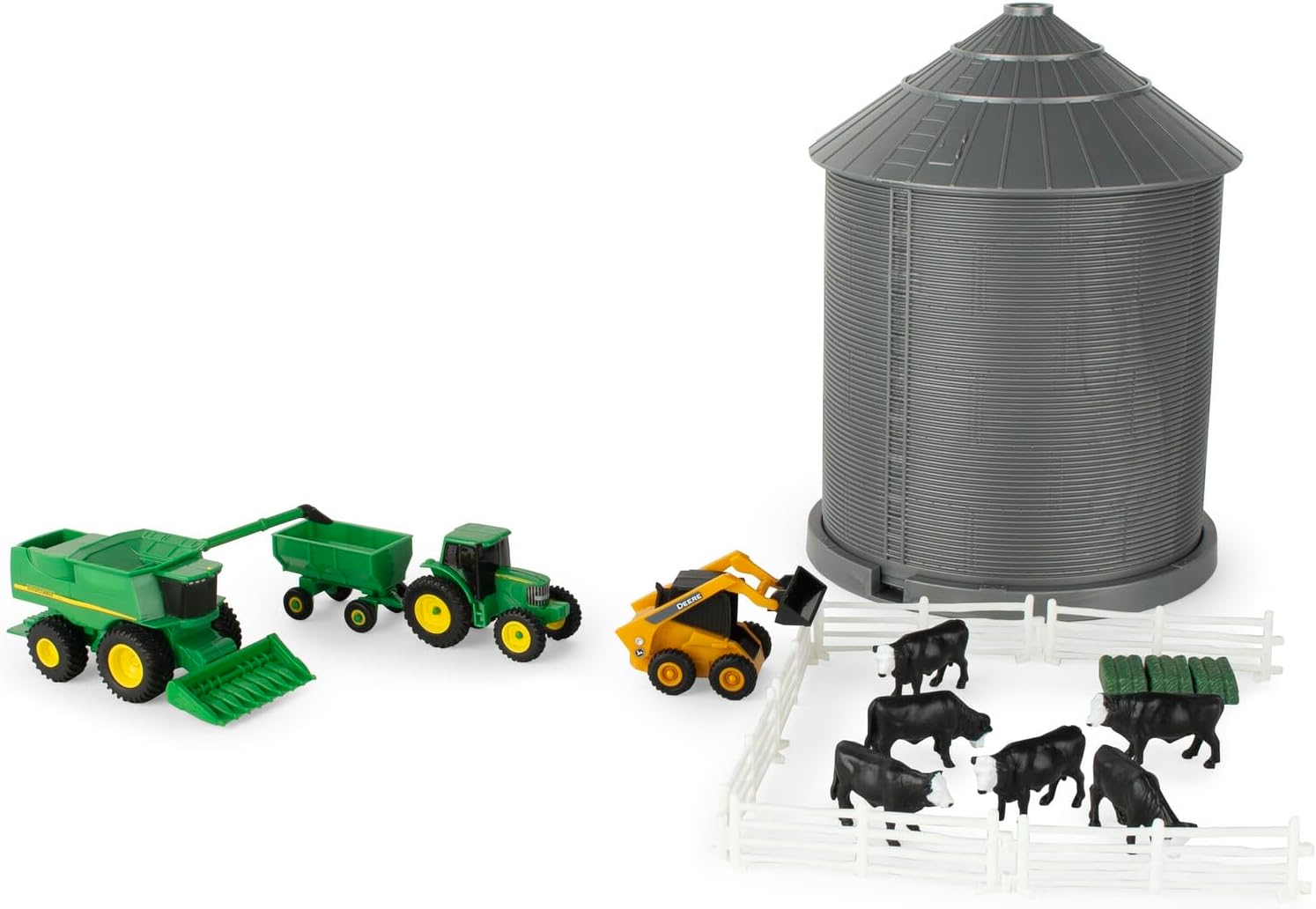 TOMY John Deere Farm Playset with Grain Bin - 1:64 Scale - Includes Grain Bin, John Deere Tractor Toys, Skid Steer, Farm Animal Toys, and Fencing - Ages 3 Years and Up