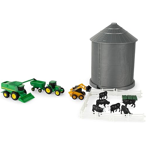 TOMY John Deere Farm Playset with Grain Bin - 1:64 Scale - Includes Grain Bin, John Deere Tractor Toys, Skid Steer, Farm Animal Toys, and Fencing - Ages 3 Years and Up