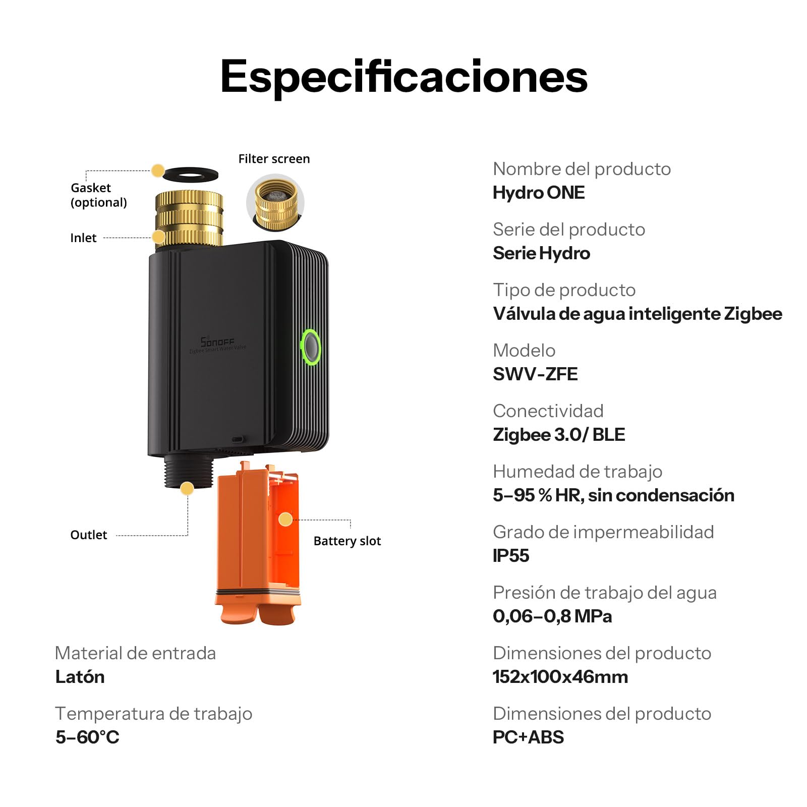 SONOFF SWV-ZFE Hydro ONE Temporizador de aspersores Zigbee inteligente, entrada de latón, temporizador de riego con programación adaptada al clima con medidor de flujo para jardín y césped, funciona