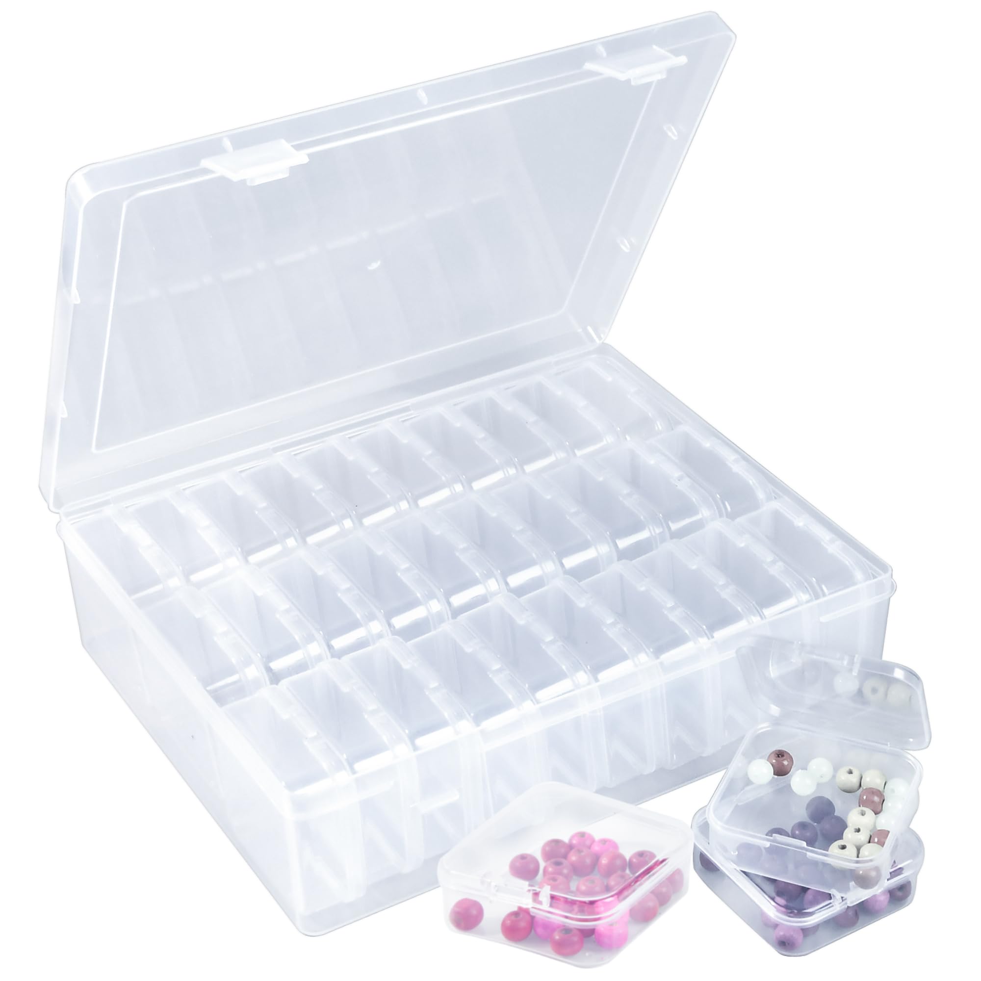Caja organizadora de cuentas, 30 organizadores de cuentas pequeñas con cajas de plástico de almacenamiento, mini cajas transparentes de almacenamiento de cuentas con tapa con bisagras para hacer