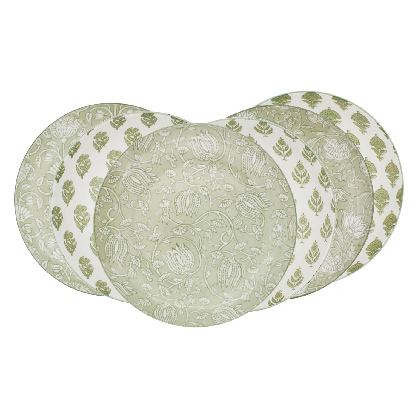 Lot De 6 Grandes Assiettes En Porcelaine, Ø26 Cm, Motifs Végétaux Blanc Et Vert, Collection Soliman, Design Français Élégant Pour Plats Principaux Et Présentations