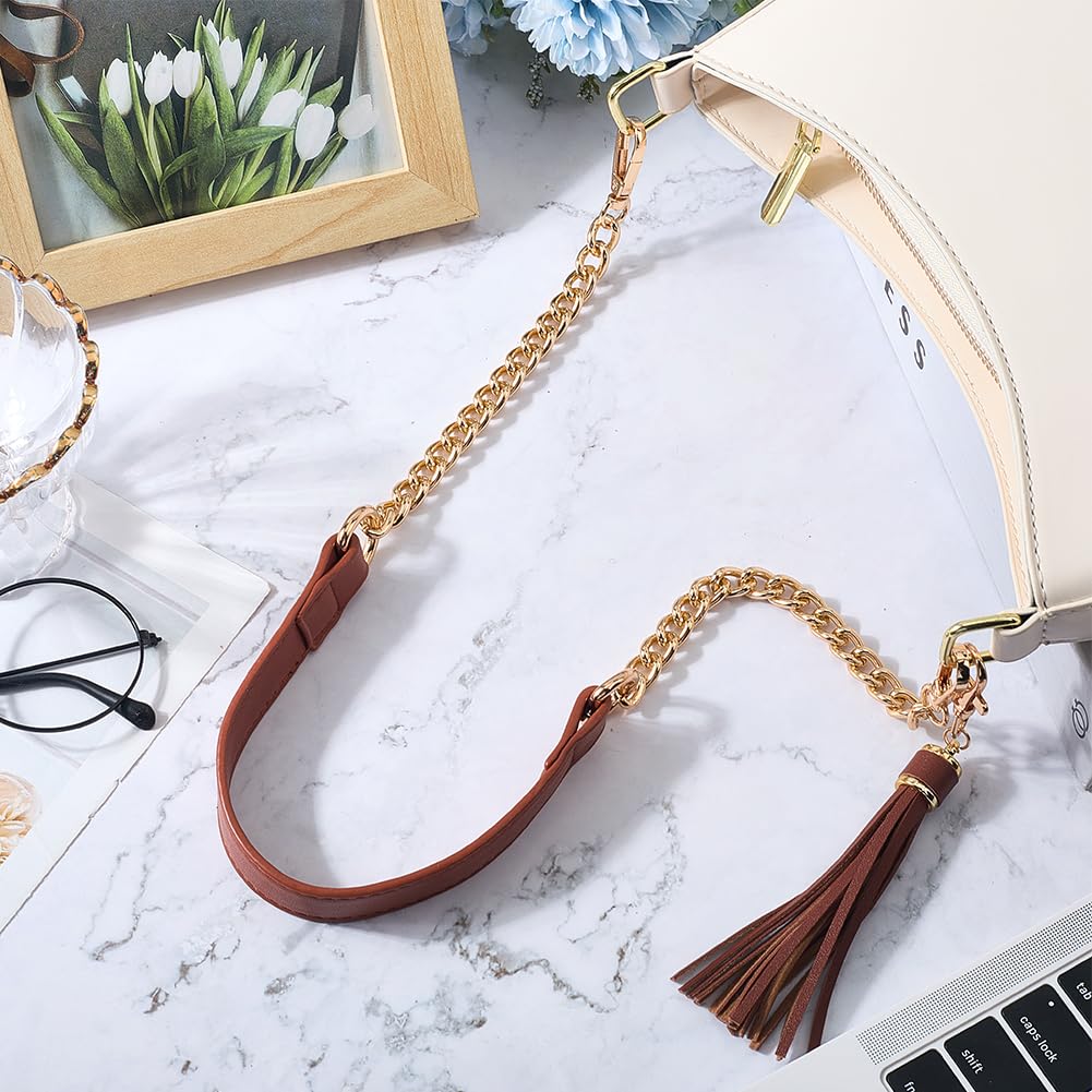 Cadena de Repuesto para Bolso de Microfibra de 60cm con Borla Colgante, Correa de Cadena Plana de Cuero Sintético para Bolso de Mano, Asa para Bolso de Hombro, Bandolera (Marrón Dorado)