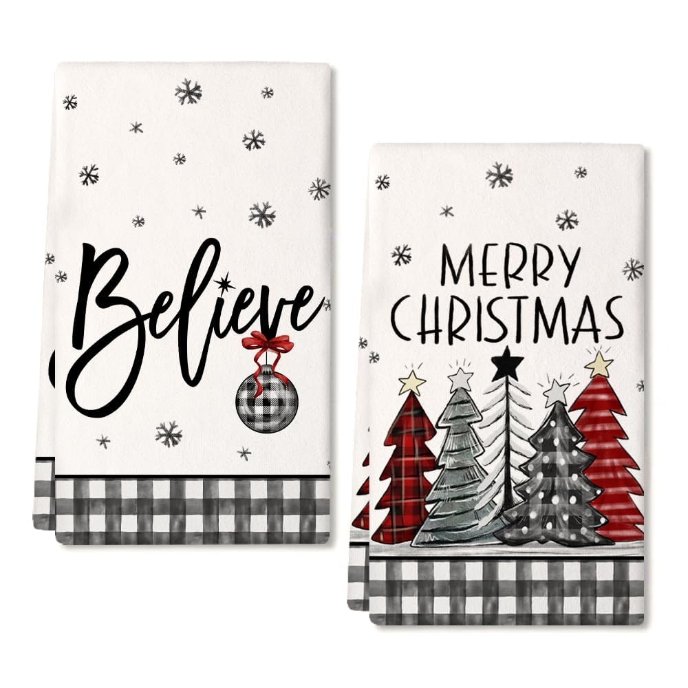Christmas Kitchen Towel Set of 2, Red Buffalo Check Christmas Tree Dish Towel, 18x26 Inches, Farmhouse Home Decor (Style 2)