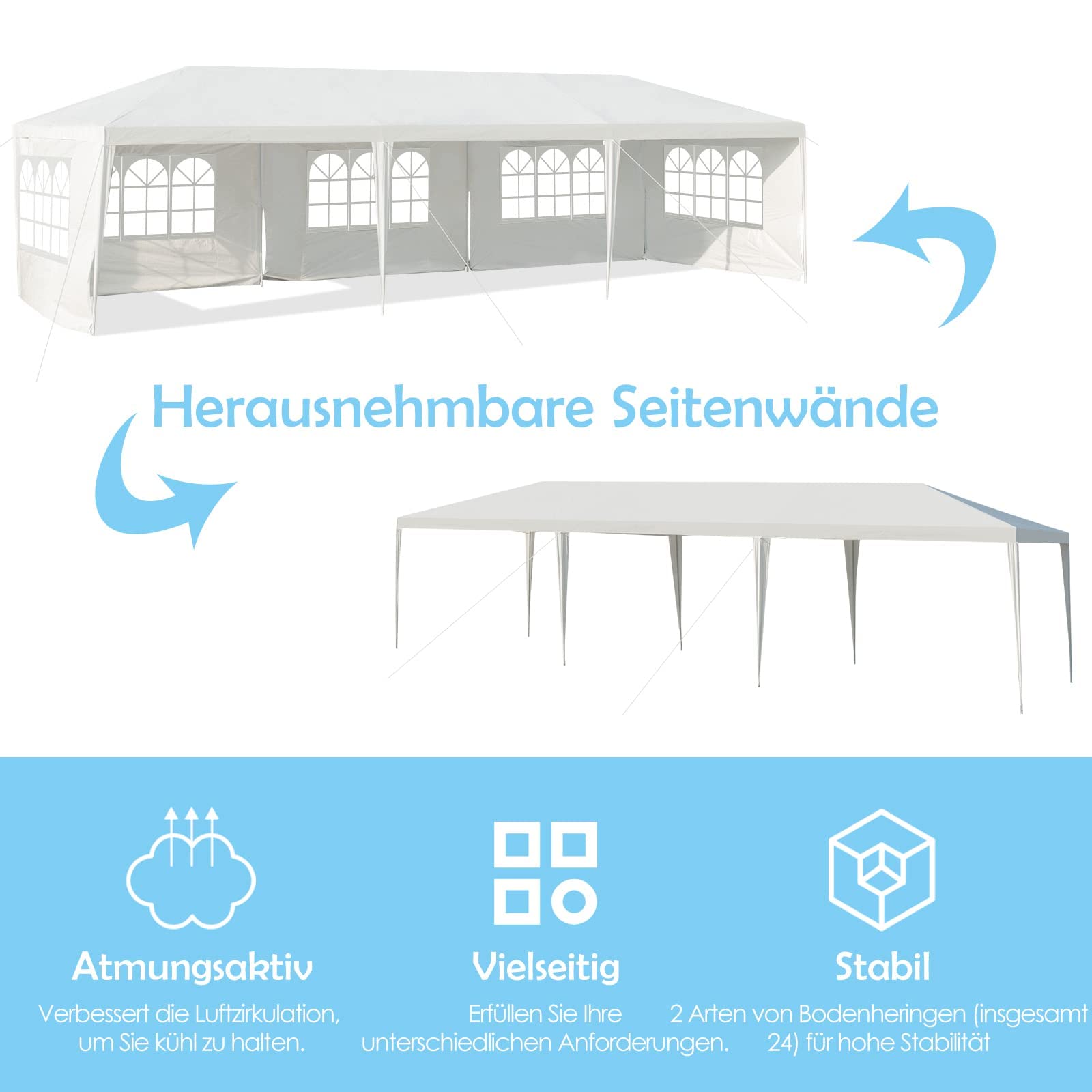 RELAX4LIFE 3x9 m Gartenpavillon, Partyzelt Faltbar & Wasserdicht, Gartenzelt mit 5 abnehmbaren Seitenteilen & Fenstern, Faltpavillon mit Eisenstruktur, für Markt Party Hochzeit Festival