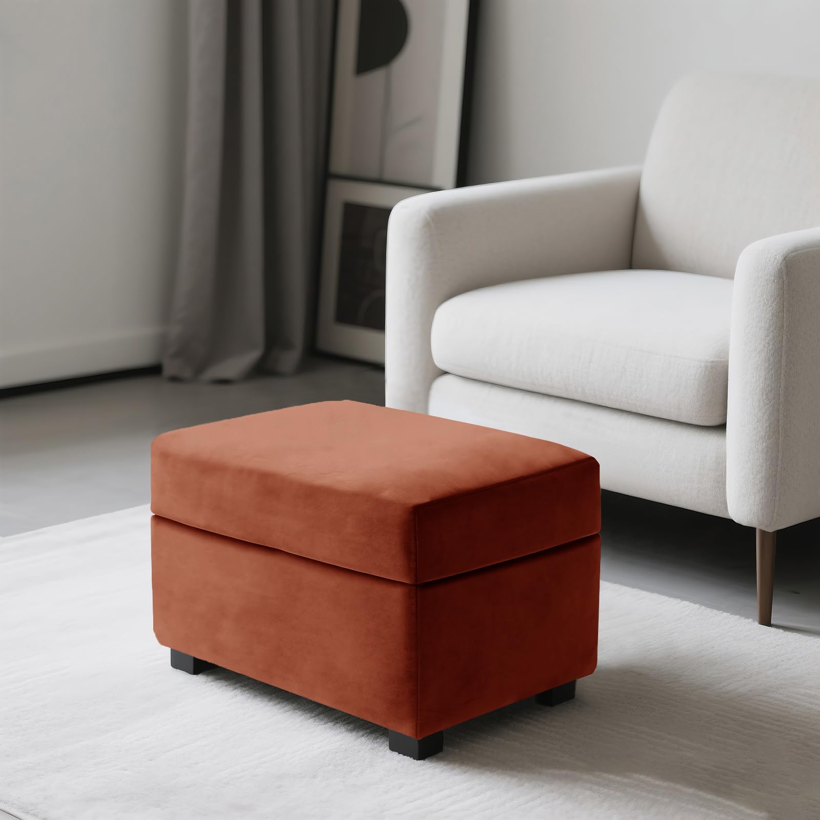 SYLC Ottoman Cover Stretch Velvet, Footstool Cover and Pouffe Cover Non-slip with Elastic Bottom/ties, Slipcover for Folding Storage Poofy Foot Stool (Orange,Rectangular Ottoman+Seat)