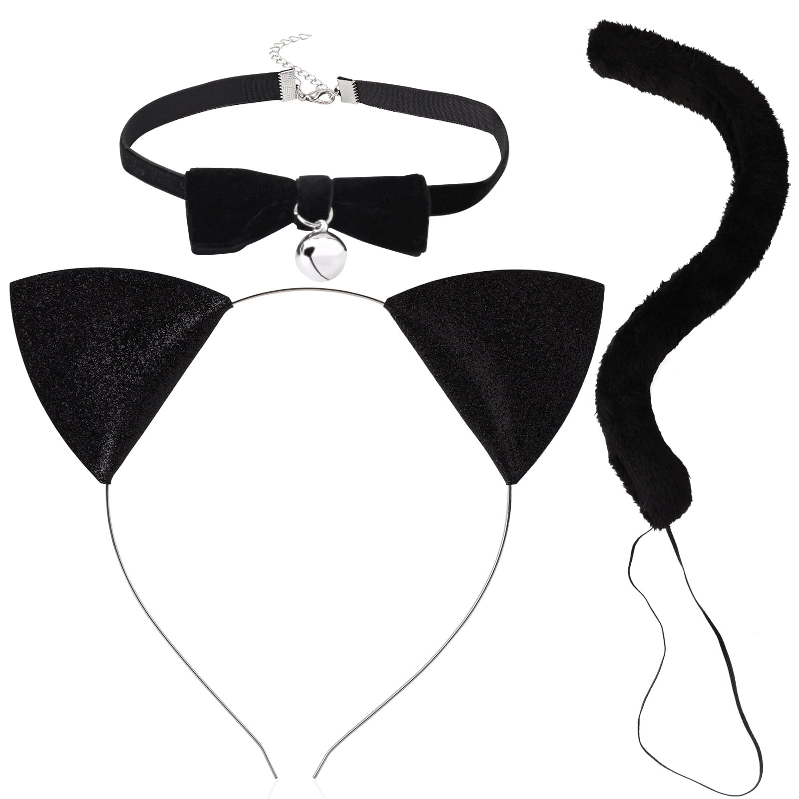 PEUTIER Disfraz de Gato Set, Felpa Orejas y Cola de Gato con Collar de Campana Set Diadema con Orejas de Gato Disfraces de Halloween Accesorios para Disfraces de Gato para Mujeres Niñas