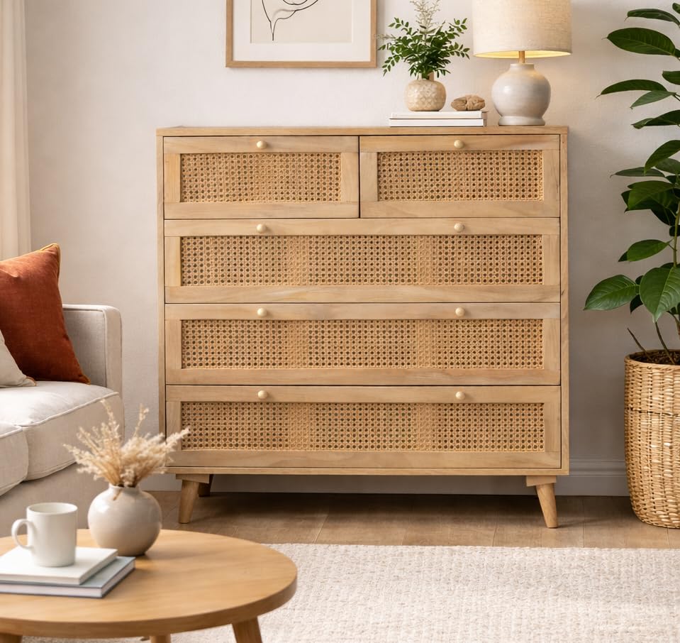Wooden Eliza 06 Rattan Chest of Drawer's with Natural Finish | Solid Mango Wood | Storage Unit | Golden Knob | Bed-Room Furniture | Best Furniture for Home | 90X40X100 cms-image-46