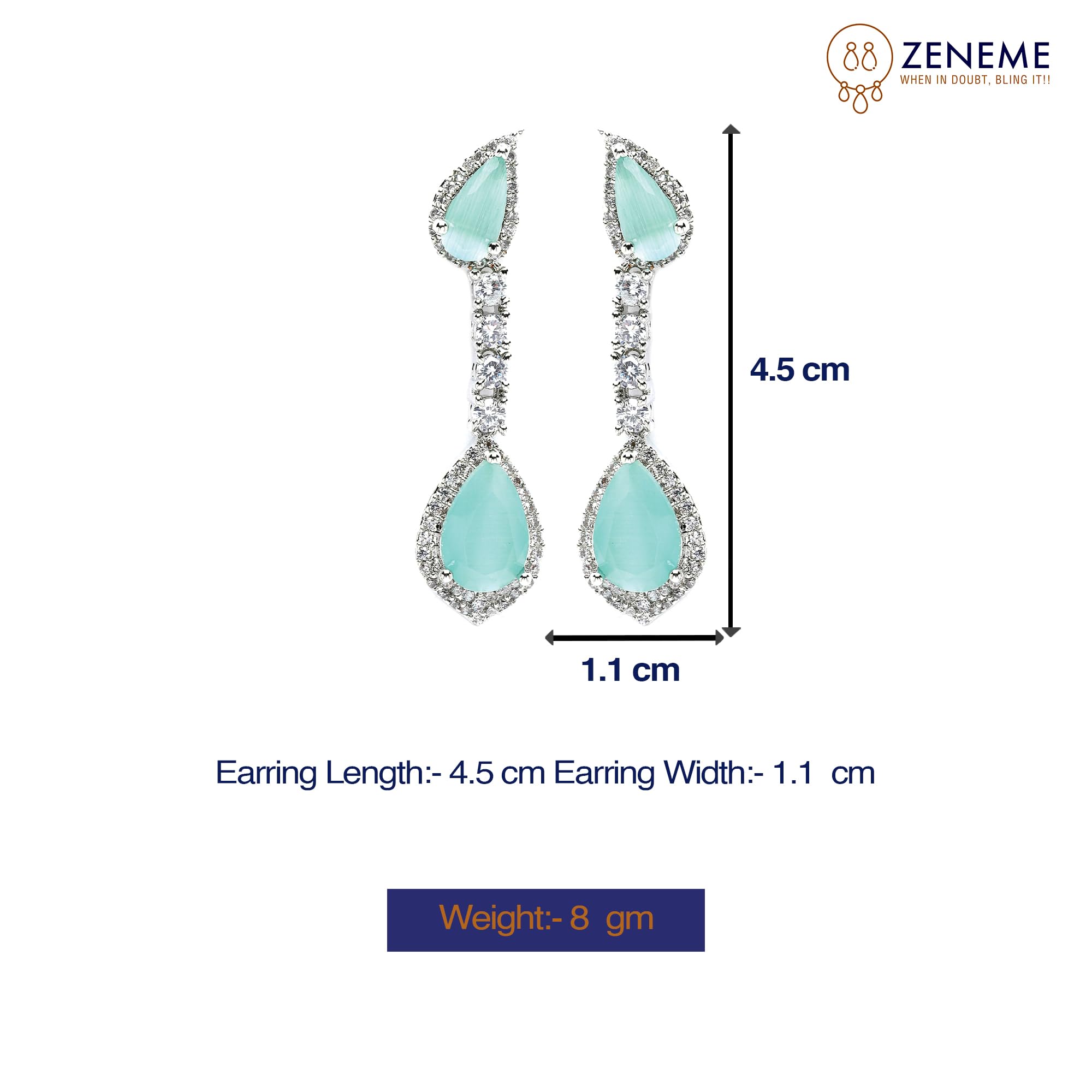 Rhodium-Plated Teardrop Drop Earrings with American Diamond Studding