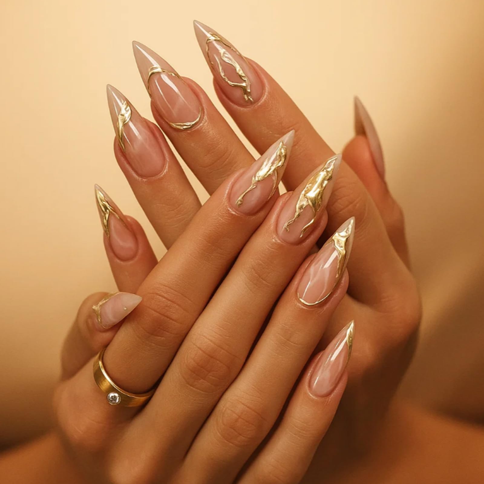 Transparent Nude False Nails With Gold Foil Accents For Stiletto And Almond Shapes - Image 4