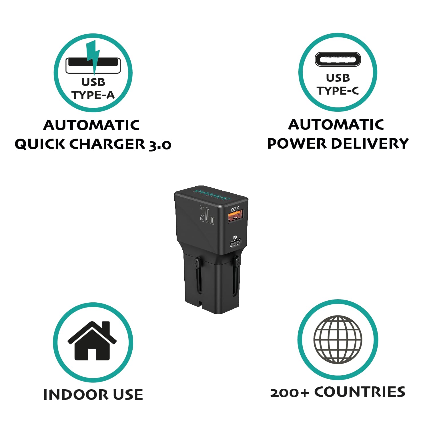 Travell Wall Charger - uniwersalny adapter podróżny z gniazdem USB-C i USB-A, idealny adapter podróżny, kompatybilny z gniazdami w 200 krajach USA, UE, UK, AU, moc do 20W