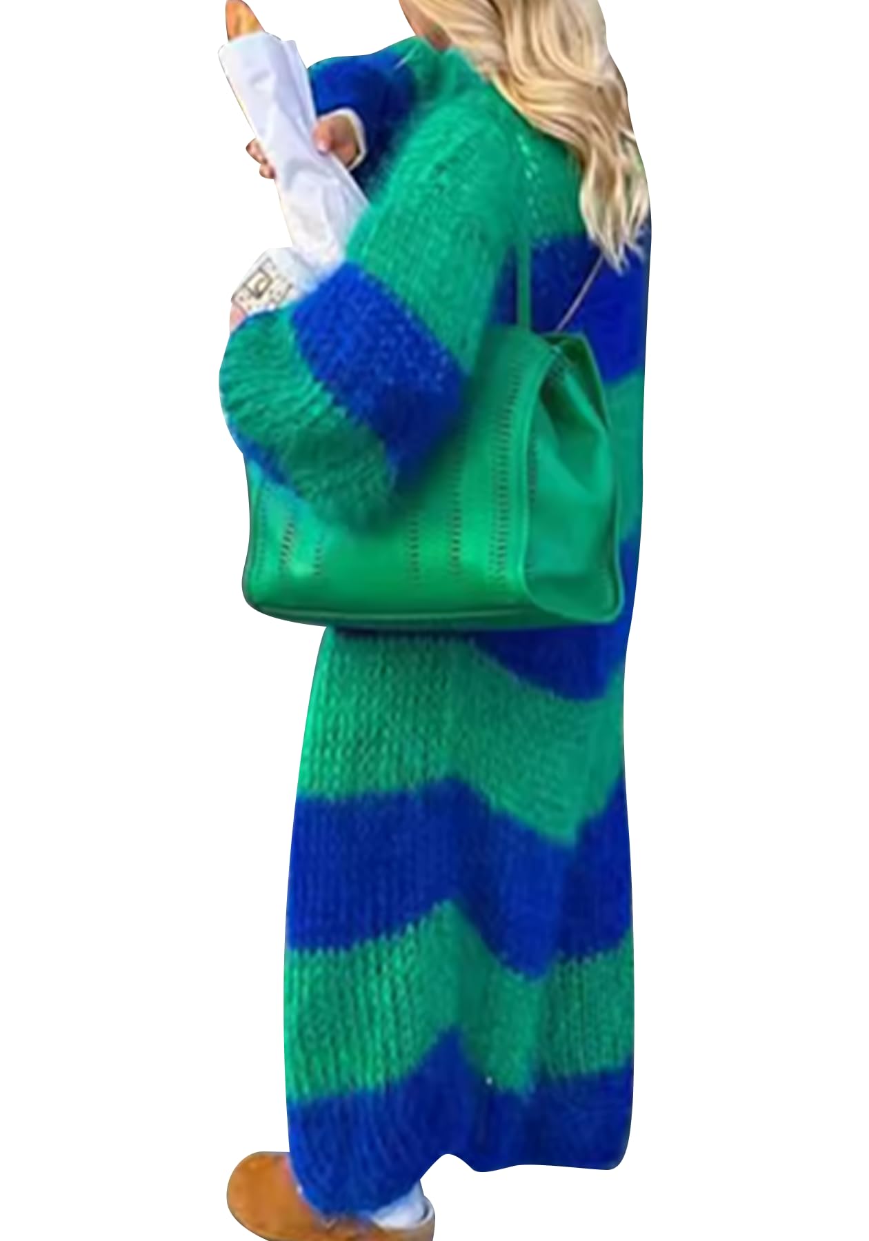 Womens Color Block Striped Long Cardigan Sweaters Open Front Fuzzy Chunky Cardigans Casual Loose Knit Coats