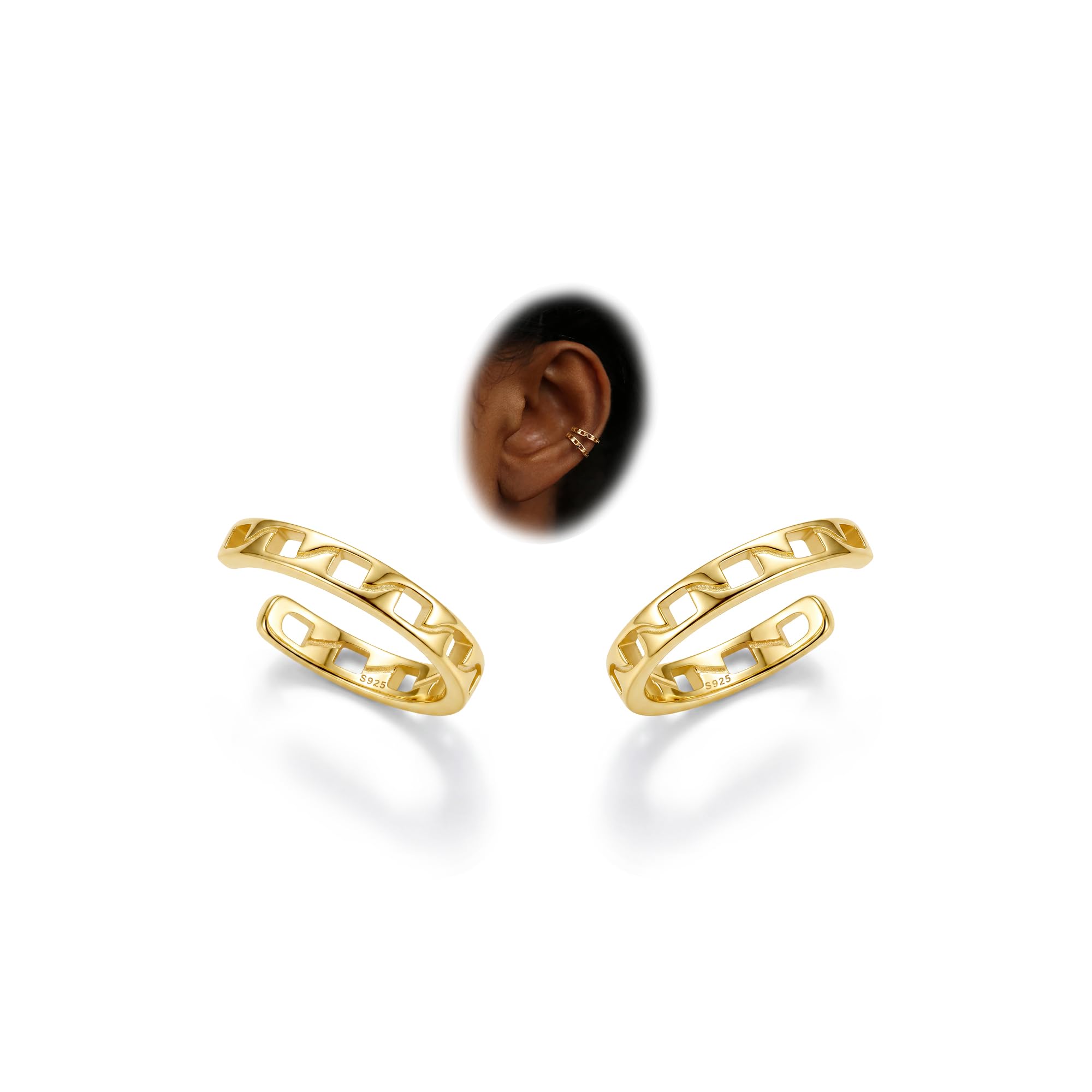 Subiceto 925 Sterling Silver Ear Cuffs Non Piercing - Adjustable Hypoallergenic 14K Gold Plated Clip On Earrings for Women Cubic Zirconia Silver Ear Cuff Helix Cartilage Fake Piercing