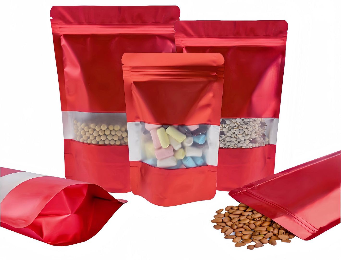 Rimiko 50pcs Resealable Stand up Foil Pouches with Clear Window, Zipper Aluminum Ziplock Bags, Mylar Bags for Food Storage, Colorful Matte Packaging for Candy Coffee Beans (Red, 6.3"x 9.5")