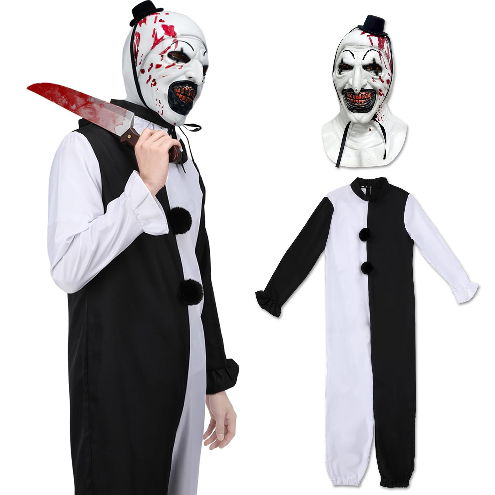 SINSEN Disfraz de terrifier para niños, disfraz de payaso artístico con máscara, cuchillo falso, guantes de juguete, disfraz de payaso asesino, disfraz de Halloween para niños y niñas de 4 a 12 años