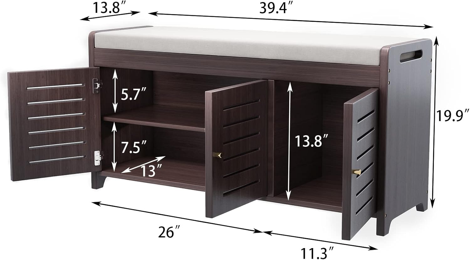 Shoe Storage Bench Bamboo Shoe Rack Bench with Three Door & Padded Seat Cushion for Entryway Shoe Cabinet Shoe Bench (Brown)