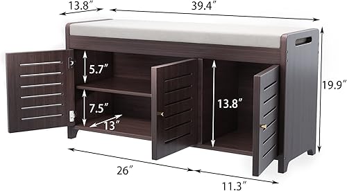 Miniatura 2 de CROSS WIN Banco de almacenamiento de zapatos de bambú con tres puertas y cojín de asiento acolchado para entrada, zapatero (marrón)