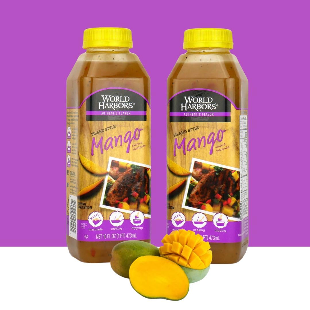 World Harbors Island Mango Sauce & Marinade - Low-Calorie, Sweet & Tangy Perfect Sauce for Chicken, Fish, Beef, Wings, Dipping, Stir-Frying, Salad Dressing. Made in USA 16-Fl Oz Bottle (Pack of 6)