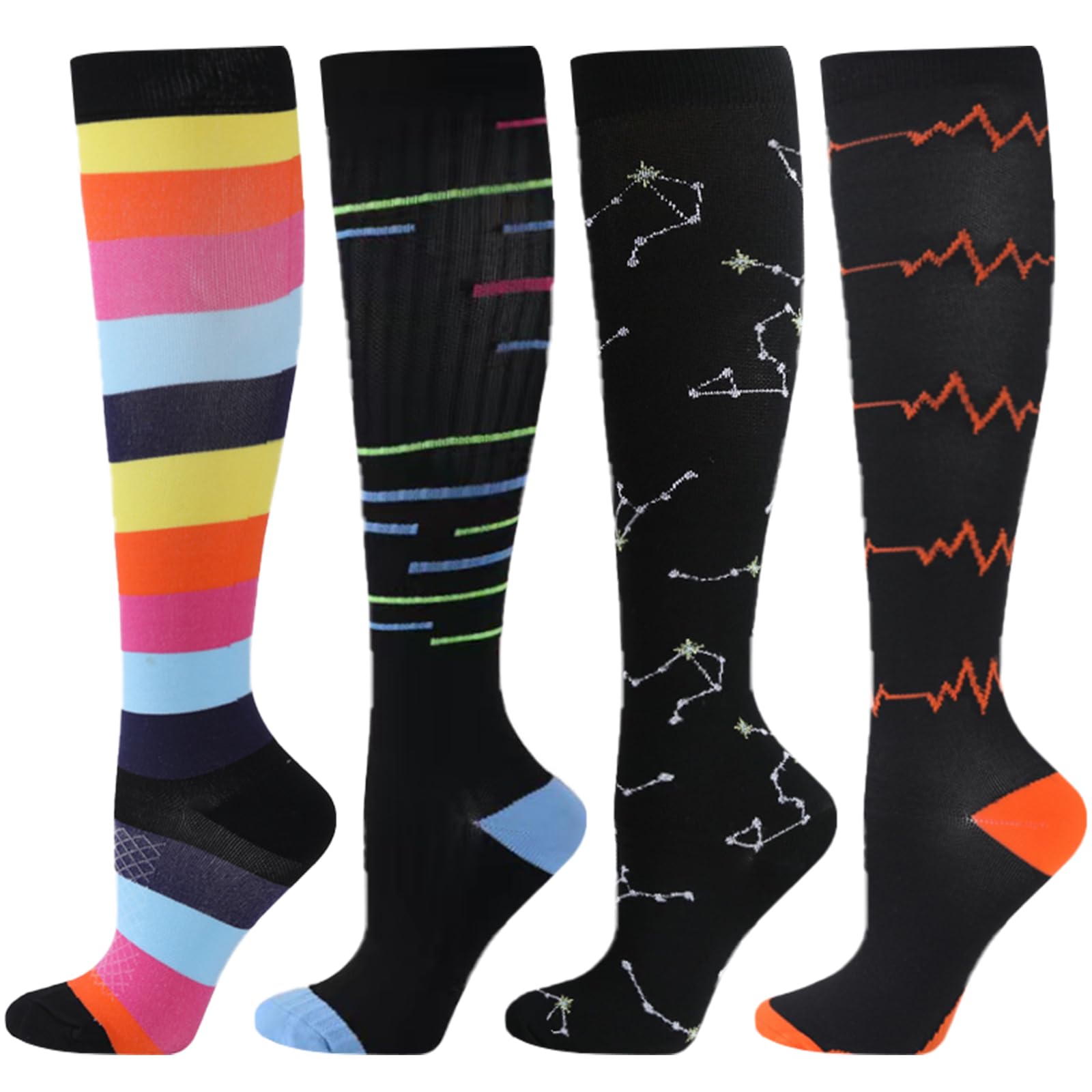 ACTINPUT 4 paar compressiekousen voor dames en heren, kleurrijke steunkousen, compressiesokken voor sport, vlucht, hardlopen, reizen, fietsen, verpleegkundigen, blauw (4105), S-M