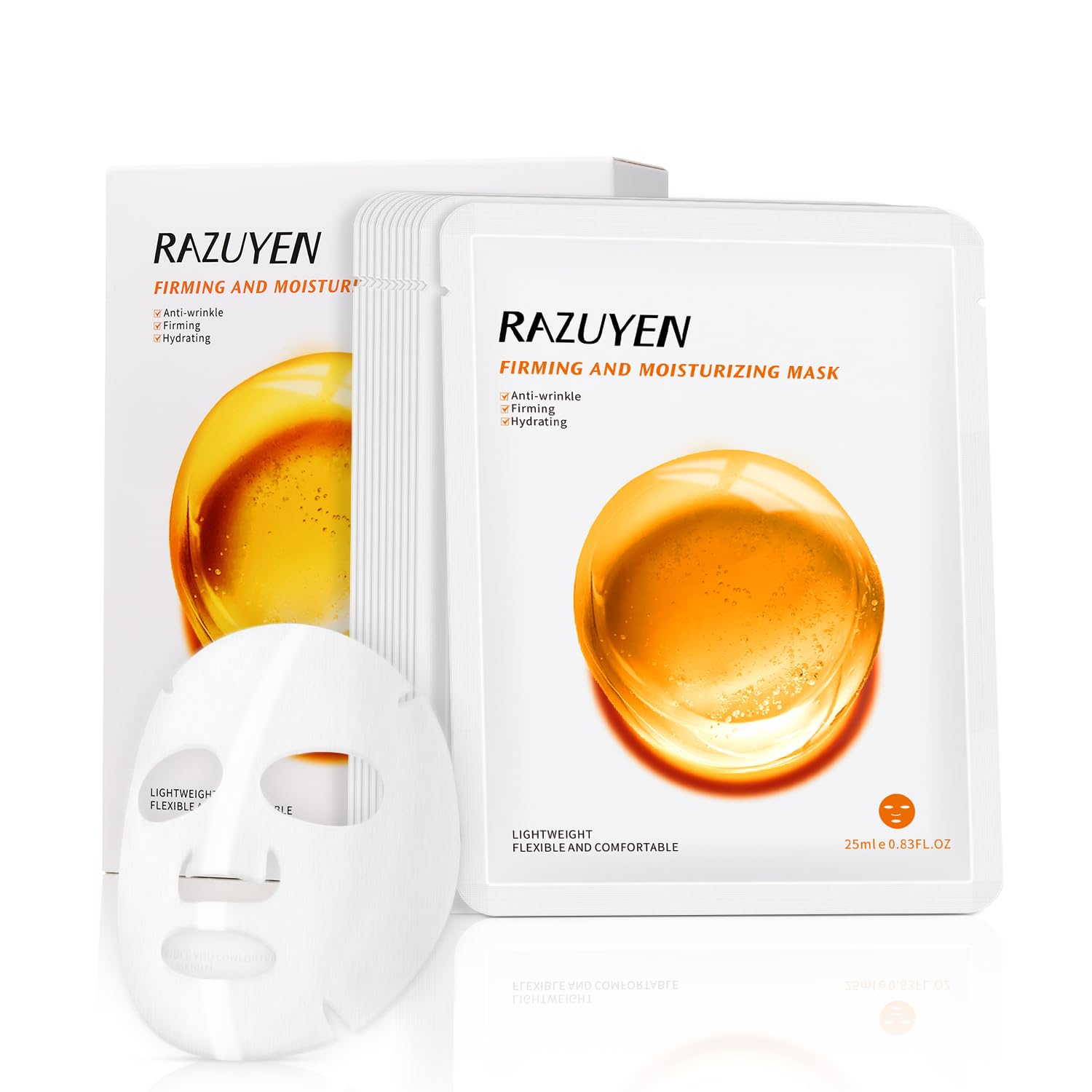 Firming Face Sheet Masks (10 Sheets) With Hyaluronic Acid And Peptides, Anti Wrinkle, Moisturising & Hydrating face mask, Sheet Face Mask Skincare