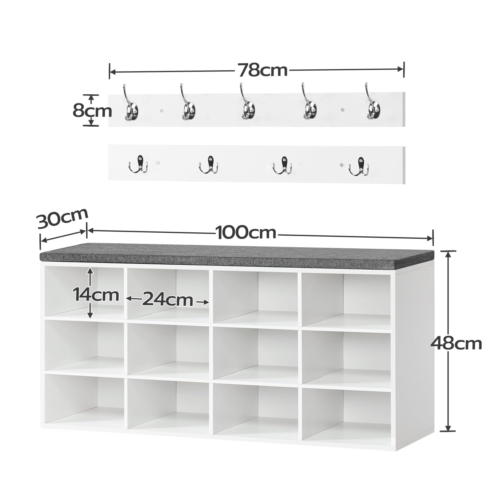 HOOBRO Banc à Chaussures, Banc de Rangement avec 12 Compartiments, Étagère à Chaussures, Porte-Manteau, 100 x 30 x 48 cm, Entrée, Couloir, Chambre, Blanc et Gris EWT112HX01
