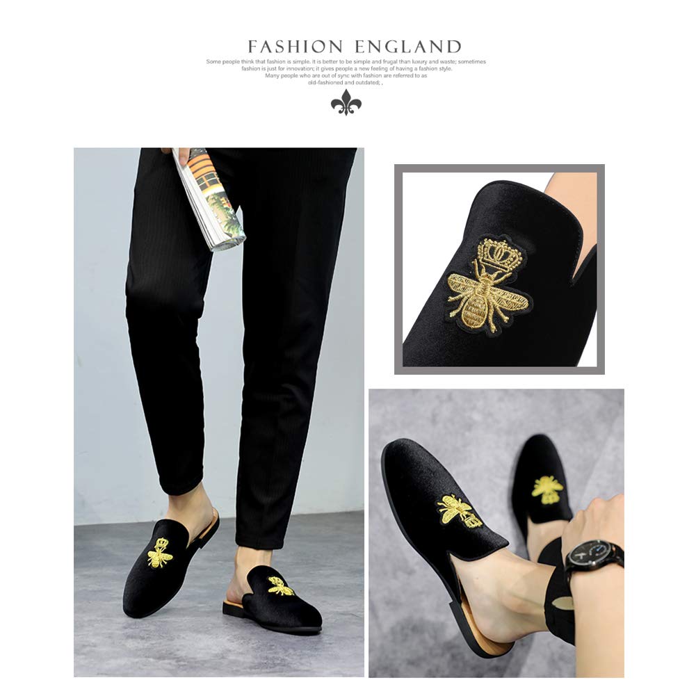 FLQL Mens Shoes Luxury Velvet Gold Buckle Slip-on Penny Loafers Casual Smoking Slippers Indoor Outdoor Sandals Black Size 7-13