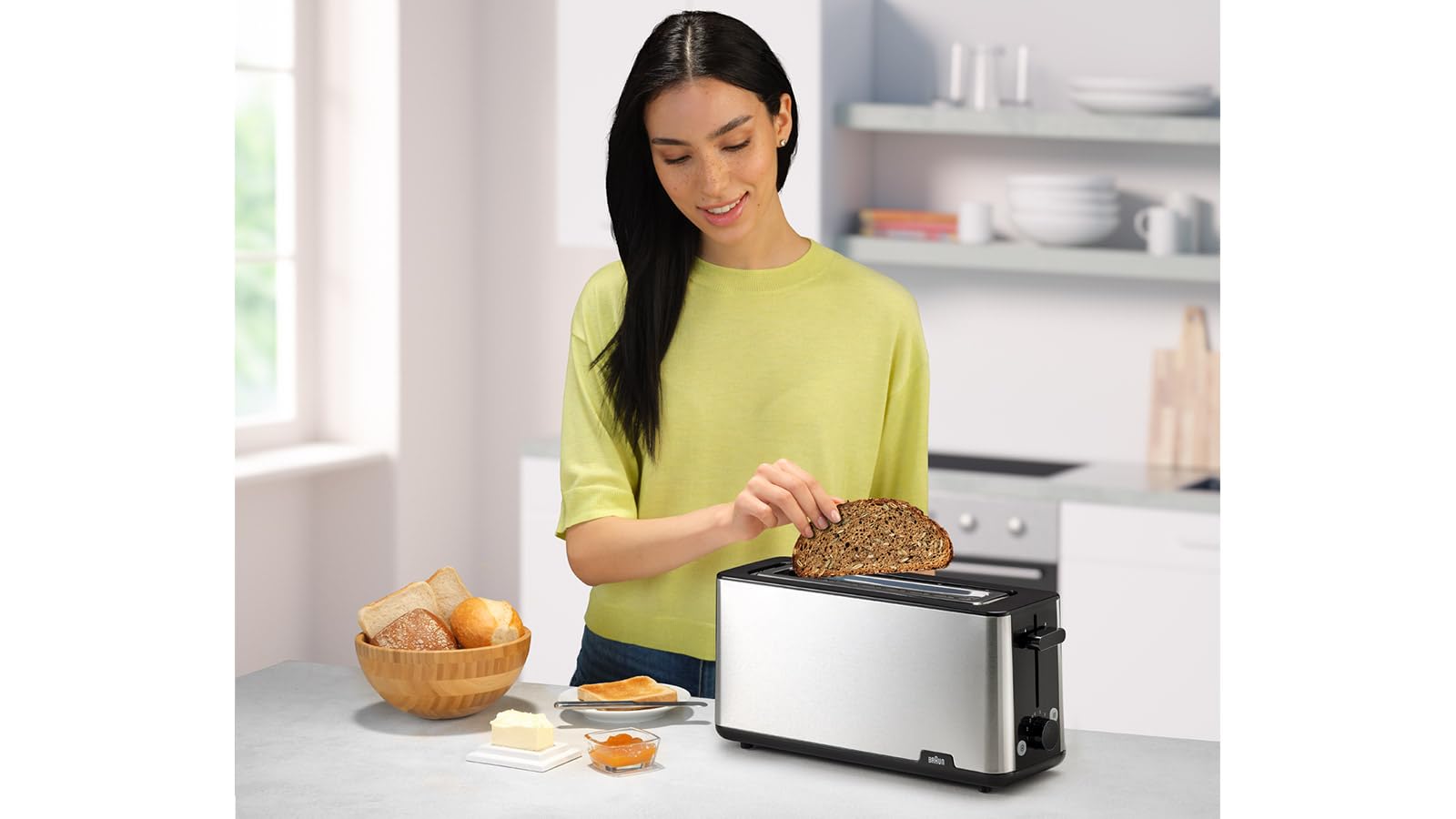 Braun Toaster PurShine HT 1610 BK, 25cm Brot Schlitz, 8 Bräunungsgrade, Aufwärm- & Auftaufunktion, Brötchenaufsatz, Krümelfach, 1030W, Schwarz