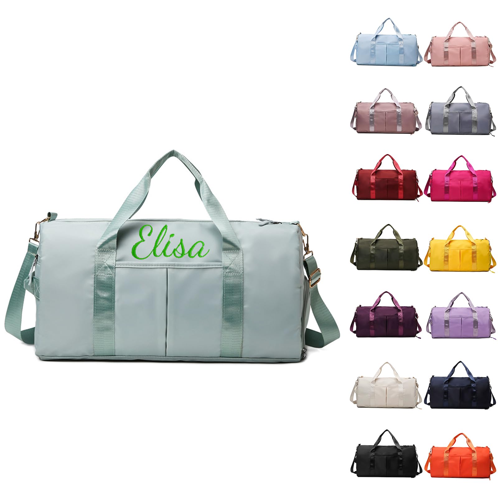Personalized Gym Bag, Embroidered Travel Bag with Trolley Sleeve, Waterproof Sports Bag with Shoe Compartment, Duffle Bag for Women Weekender Bag Overnight Bag for Hospital and Swimming (Light Green)