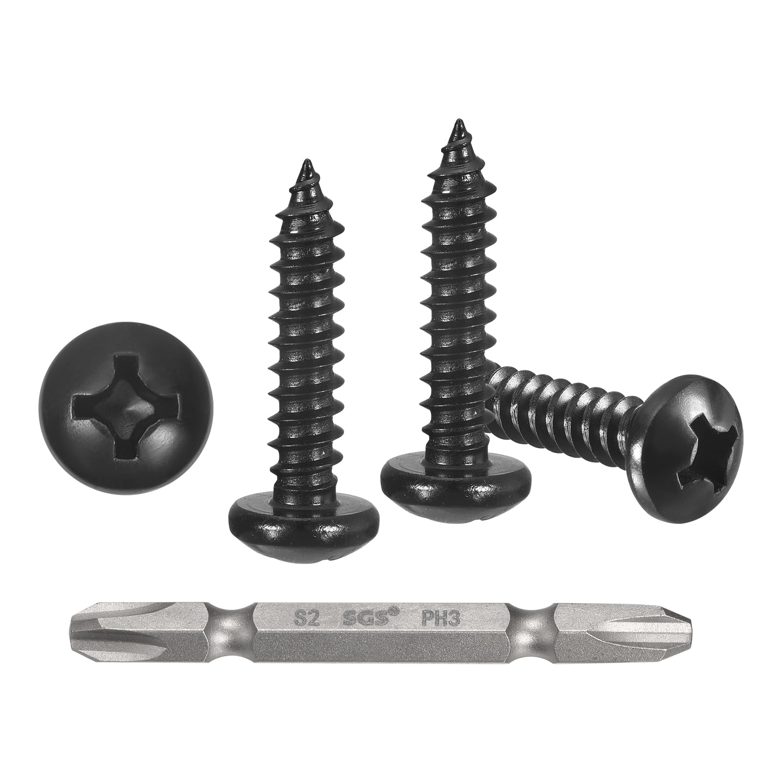 METALLIXITY Phillips Pan Head Self Tapping Screws(#14x1-1/2") 25Pcs, 304 Stainless Steel Self Drilling Screw for Metal Wood Plastic with Bit, for Cabinet Wall Shutter Plate Furniture, Black