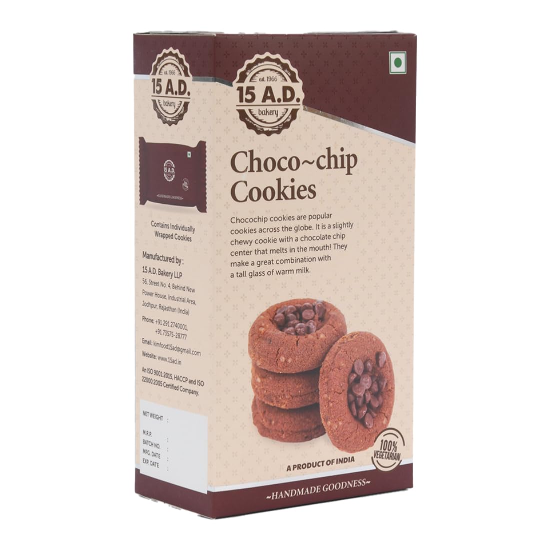 15 A.D. Bakery LLP Choco Chip Cookies 200g x 2 | Traditionally Crafted Hand Made Pure Vegetarian Cookies | Eggless, Pure Desi Ghee/Premium Butter (400 gm)