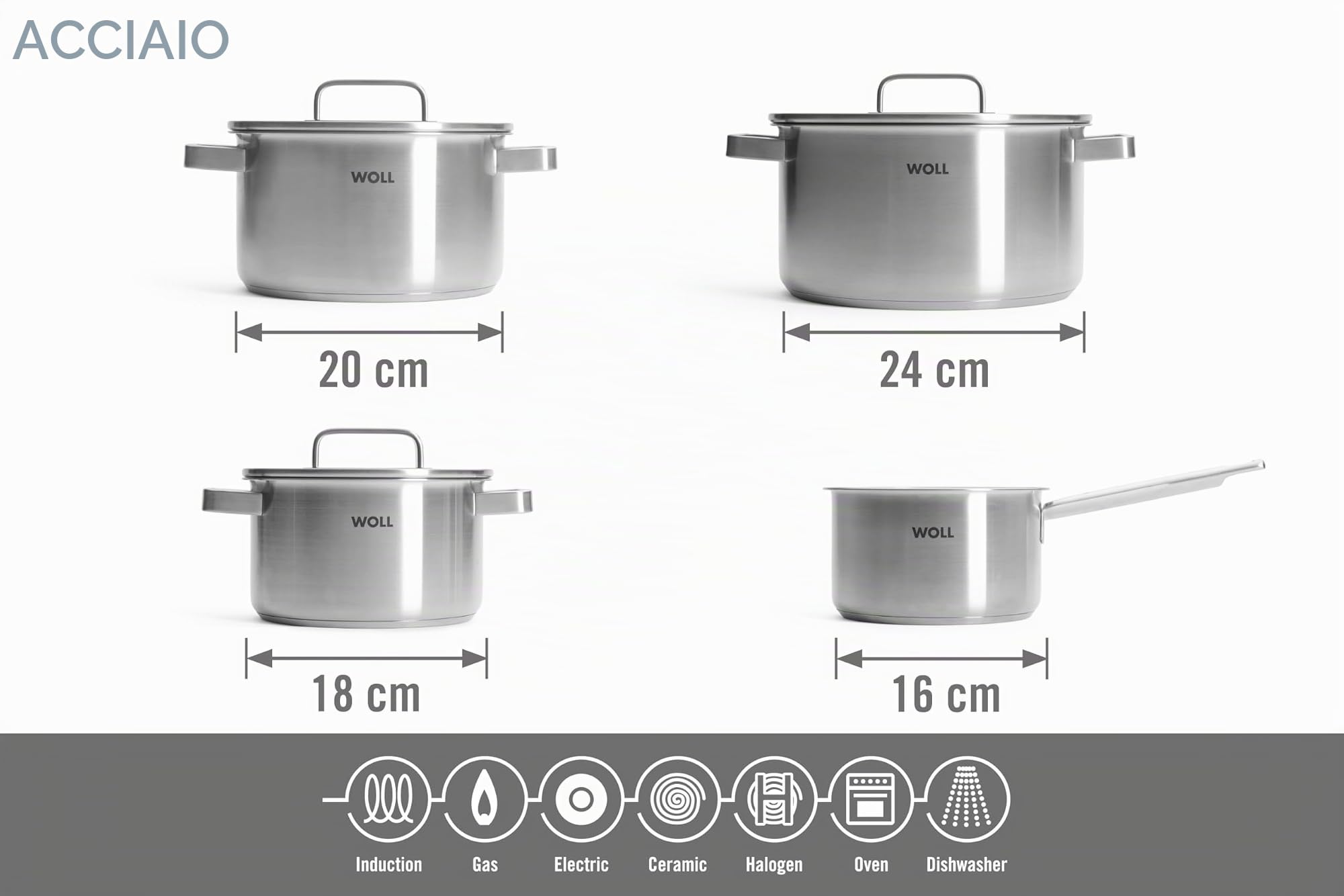WOLL Set di pentole in acciaio inox, 7 pezzi, adatti a induzione, per tutti i piani cottura, lavabili in lavastoviglie, resistenti alla corrosione