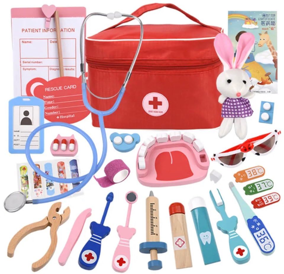 Image of Doctor Kit for Kids Wooden Dentist Set with Working Stethoscope Doctor Playset Pretend Play Doctors Set for Children, Kids Role play toys, Storage Doctor kit, Imaginative play (Little Doctor)