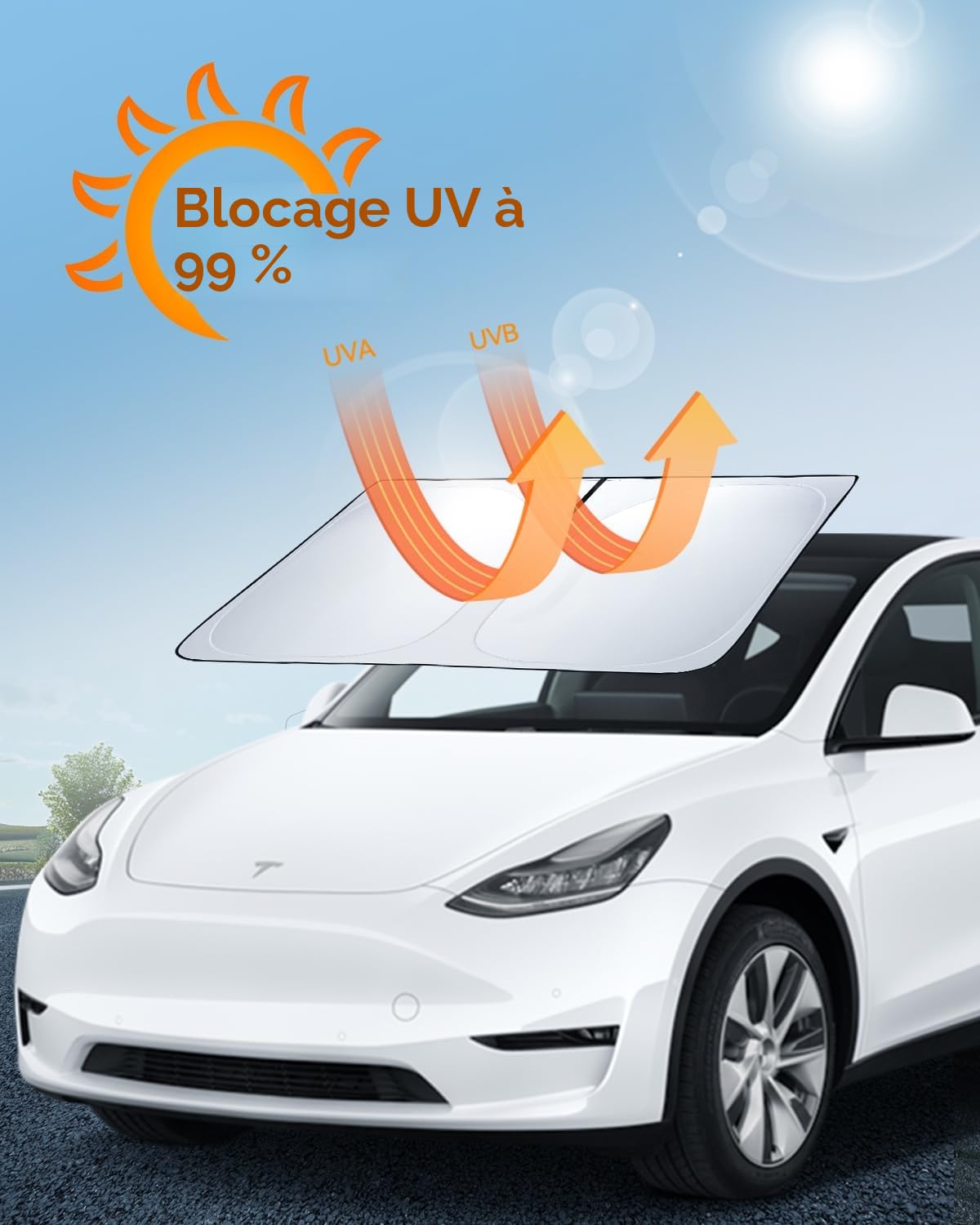 Pare-Soleil Pare-Brise pour Tesla Model 3/Y Protection Pliante avec Sac de Rangement Bloque Les Rayons UV Parasol Model 3/Y 2018-2026 Accessoires Highland Juniper