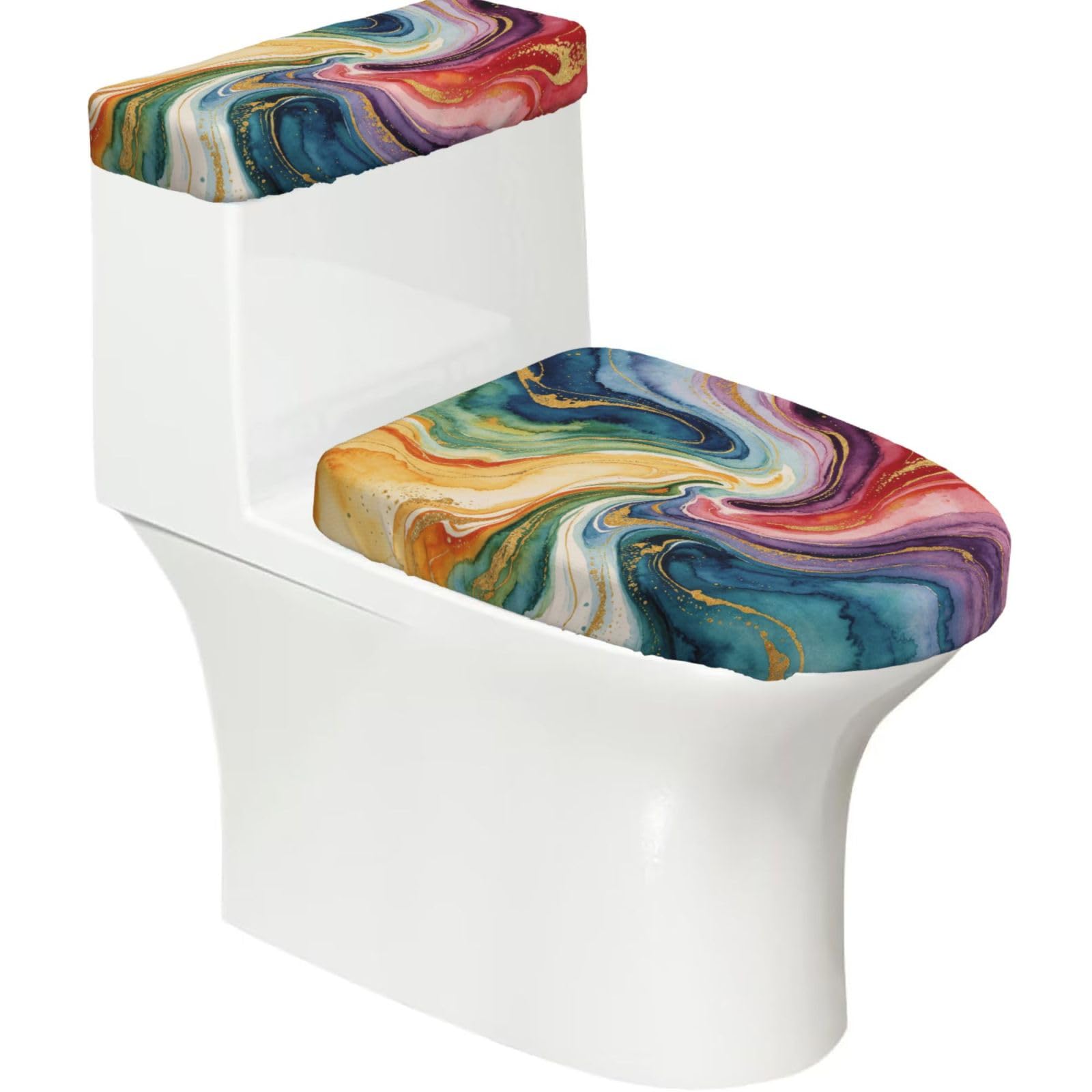 Marble Wash Art Elastic Toilet Cover Set of 2-Stretchy Lid and Tank Covers for Bathroom, Soft Washable U Shape Toilet Decor