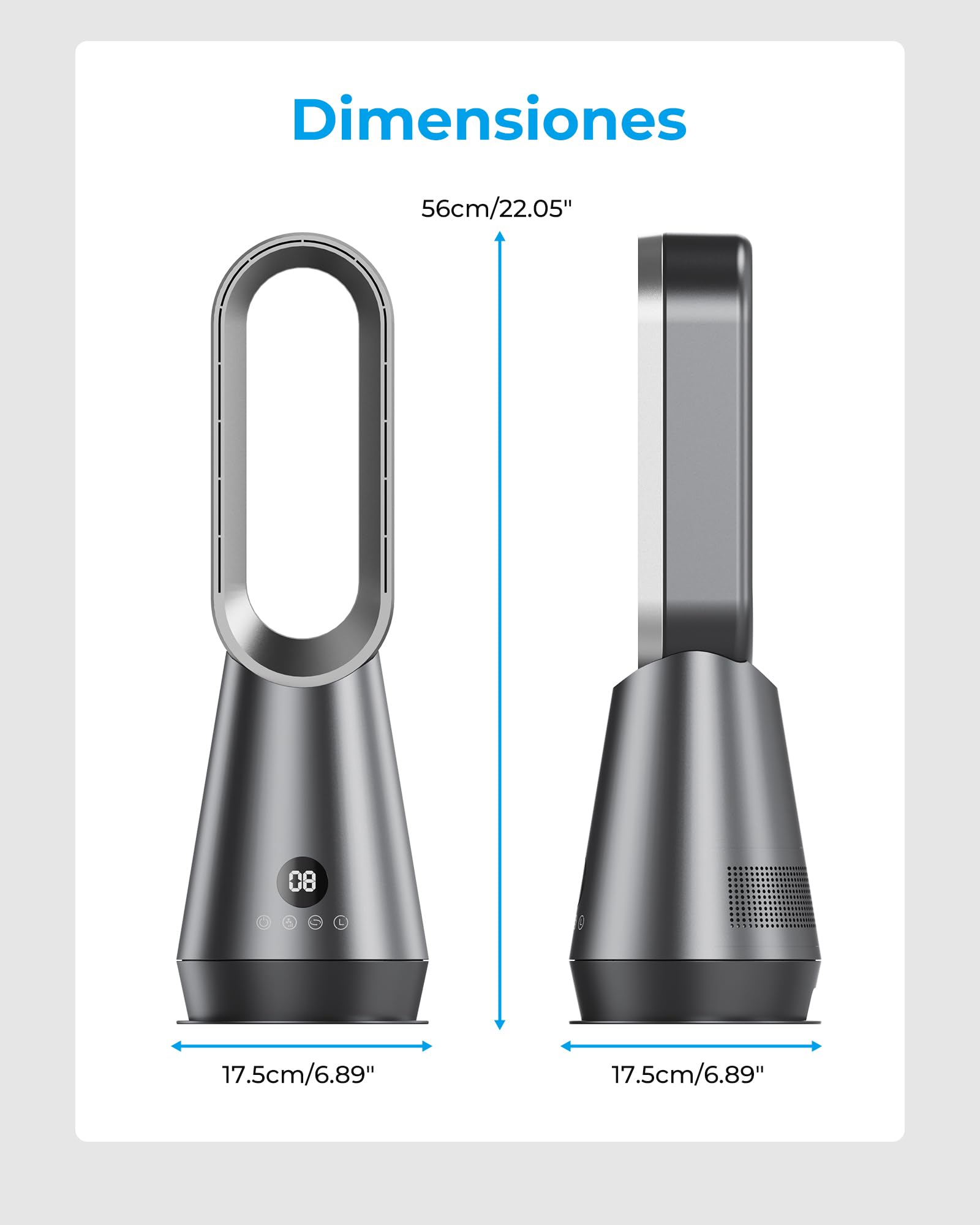 Ventilador de Torre Silencioso sin Aspas,Ventiladores Aire Frio con 8 Velocidades,2 Modos(Sueño,Viento Fuerte),Temporizador 9h,Oscilación 80°,Mando a Distancia,Pantalla LED,32dB Bajo Nivel de Ruido