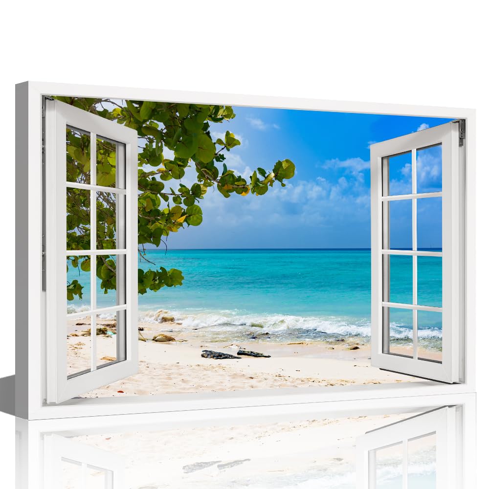 TISHIRON 3D Window View Seaside Effect Canvas Wall Art Prints for Living Room Bedroom Decor Office Kitchen Home Decoration Framed Ready to Hang 12x18inch