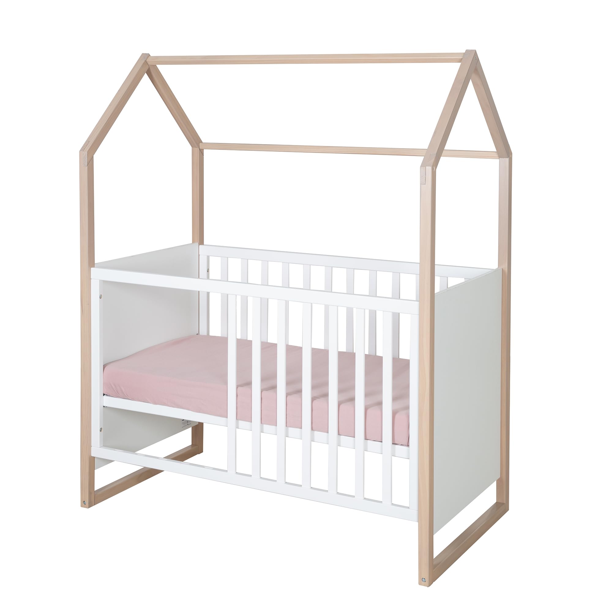 roba 2in1 Baby- & Beistellbett Cabane in Hausoptik - 60 x 120 cm - 6-fach Höhenverstellbar - 5 herausnehmbare Sprossen - Bicolor - Holz natur + Weiß