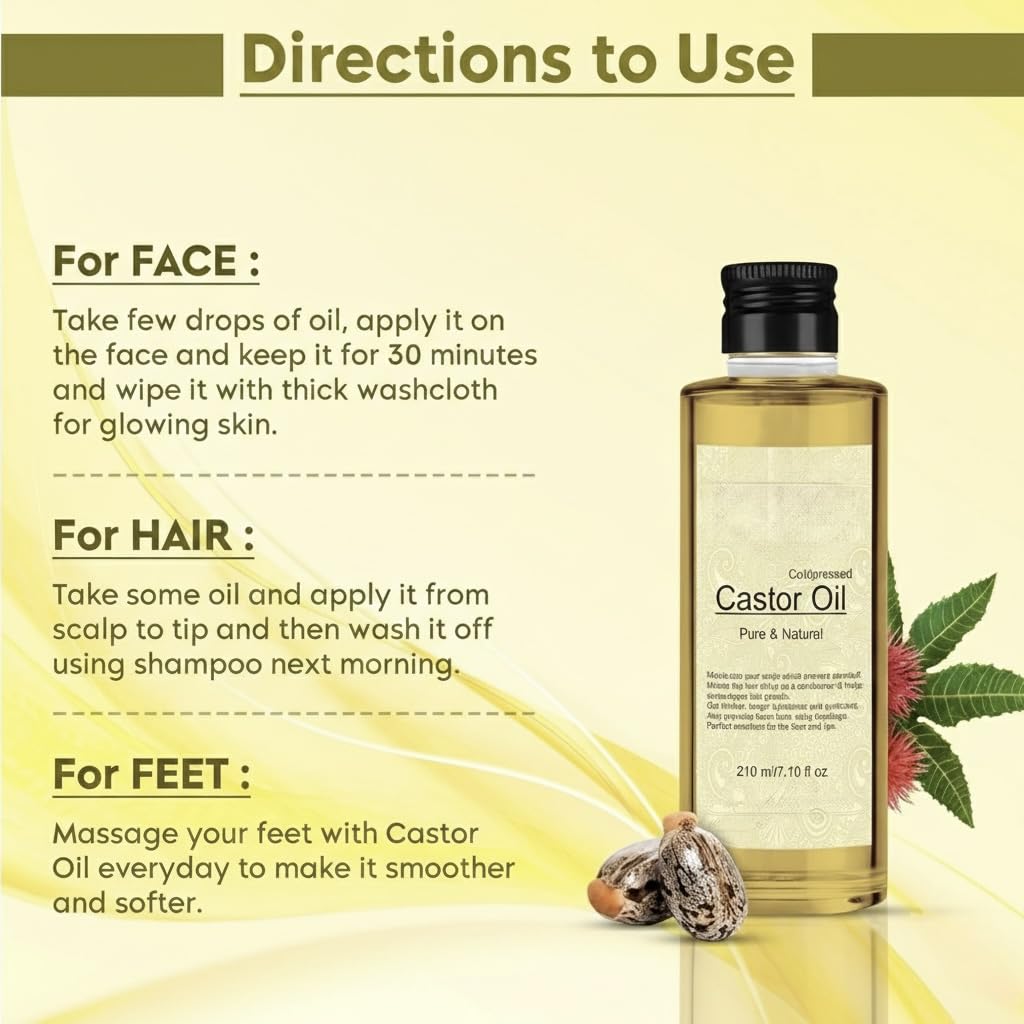 Castor Oil | Coldpressed & Hexane Free| Supports Stronger Hair| Hydrates Skin | Healthy Eyelashes Eyebrows, Lips & Nails -210 Ml | 7.10 Fl Oz (Pack of 1)
