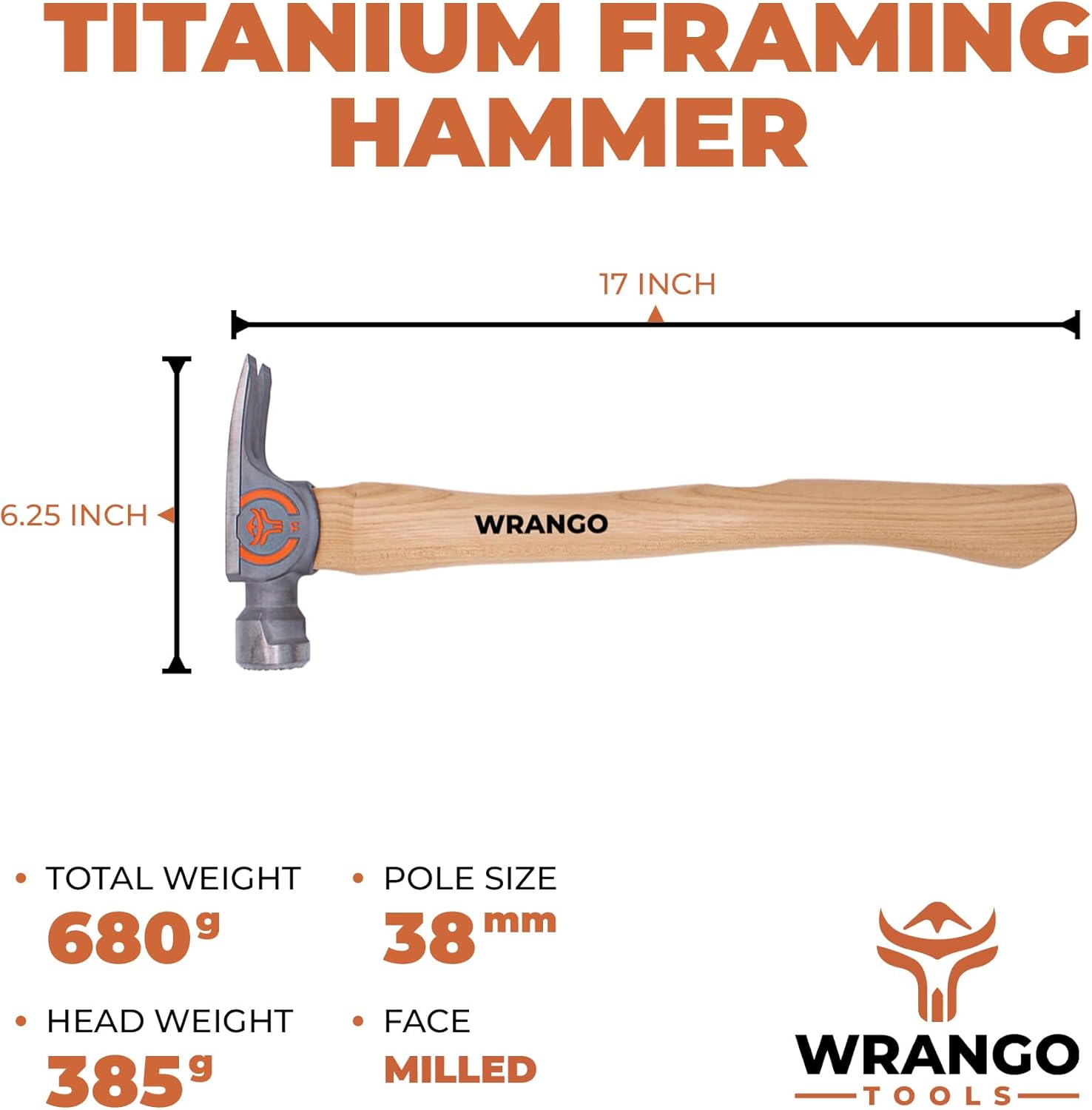 Wrango Tools - 14oz Titanium Framing Hammer - Lightens Your Toolbelt - 45% Lighter Than Steel - 17" Hickory Handle - Milled Face - Lifetime Warranty - 5% Donated To Help Farmers