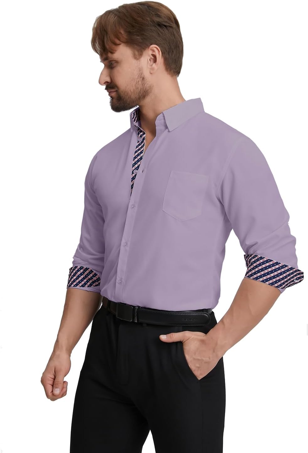 ALLELMS Mens Contrast Dress Shirts Long Sleeve Button Down Slim Fit Stretch Business Casual Formal Shirt for Men - Image 7