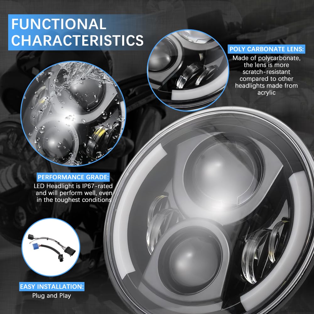 DREAMIZER Faro LED per Moto da 7 pollici Approvato E con DRL Bianco Angel Eye Indicatore Ambra Faro Anteriore Compatibile con Harley Road King Street Glide Softail Electra Glide J-eep Wrangler JK TJ
