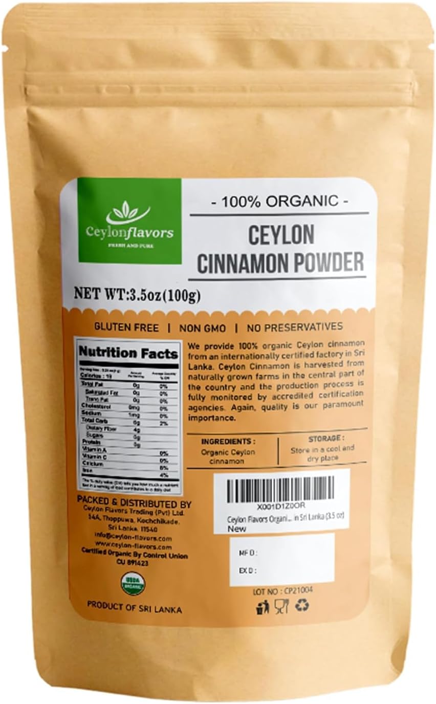 Ceylon Flavors Organic Ceylon Cinnamon Powder, Premium Special Grade, Non GMO, Harvested from a USDA Certified Organic Farm in Sri Lanka (3.5 oz)