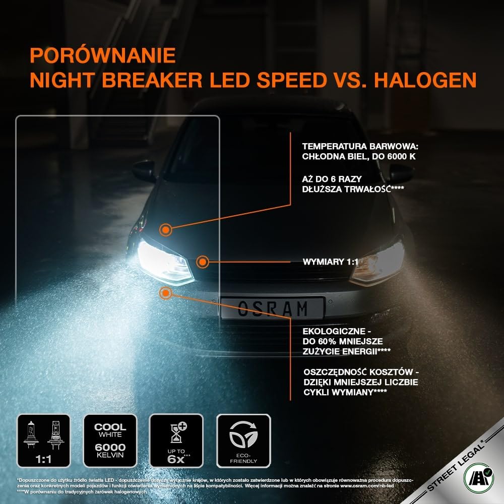 OSRAM NIGHT BREAKER LED SPEED H7 450 do motocykli, lampa LED do motocykli z homologacją drogową, do 450% większa jasność, 6000K, szybki montaż, nie wymaga akcesoriów mechanicznych, 1 lampa