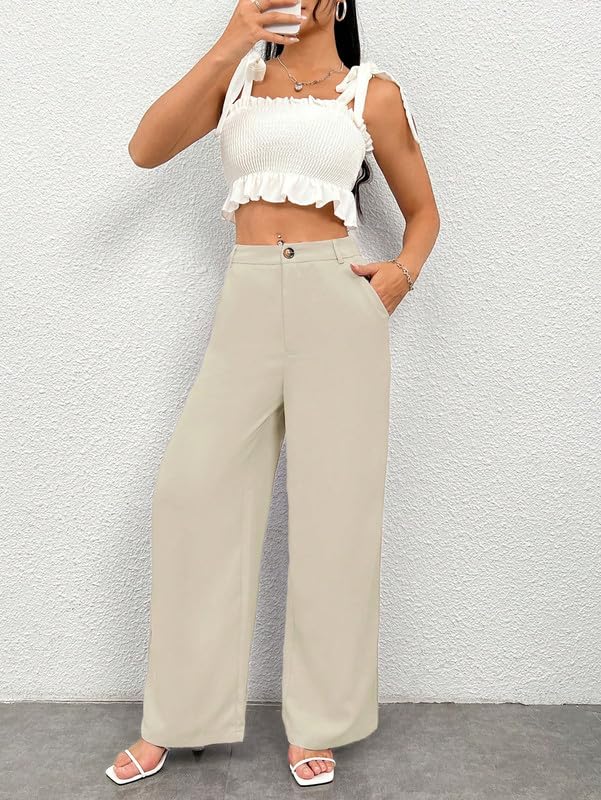 Image of Women's High Waisted Wide Leg Pants Trousers | Loose Fit Stretch Cotton Blend Slacks | Casual Elegant Style (TR002CRM S) Cream