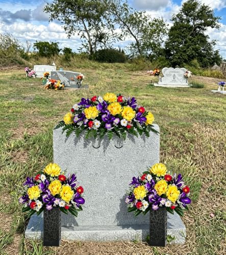 Artificial Iris Mums Daisy Cemetery Flowers - Realistic - Outdoor Grave Decorations - Saddle for Headstone,Outdoor Tombstone Memorial Decorations, Easy Fit (Yellow Purple) image 2