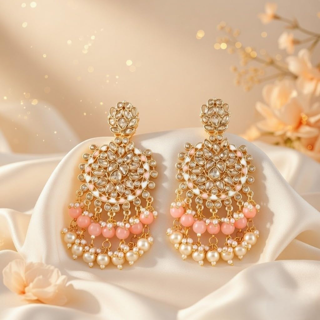 Efulgenz Indian Earrings for Women Bollywood Faux Pearl Crystal Kundan Rhinestone Wedding Bridal Long Chandelier Earrings Jewelry Set