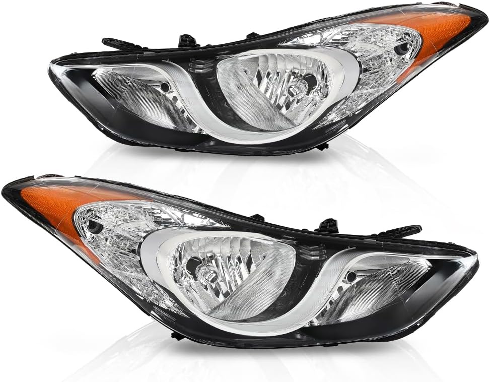 CNNELL Headlights Assembly w/o Bulbs Compatible with Hyundai Elantra 2011 2012 2013 Headlamps Clear Lens Chrome Housing Amber Reflector（3 Pin）