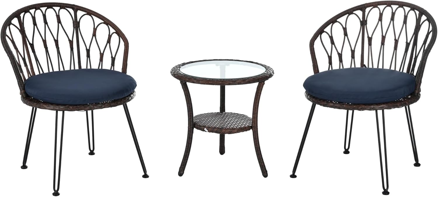 Outdoor Leisure Set, 2 Rattan Single Chairs with A Glass Round Table, Perfectly Suited for Patios, Balconies, and Courtyards(Dark Blue)