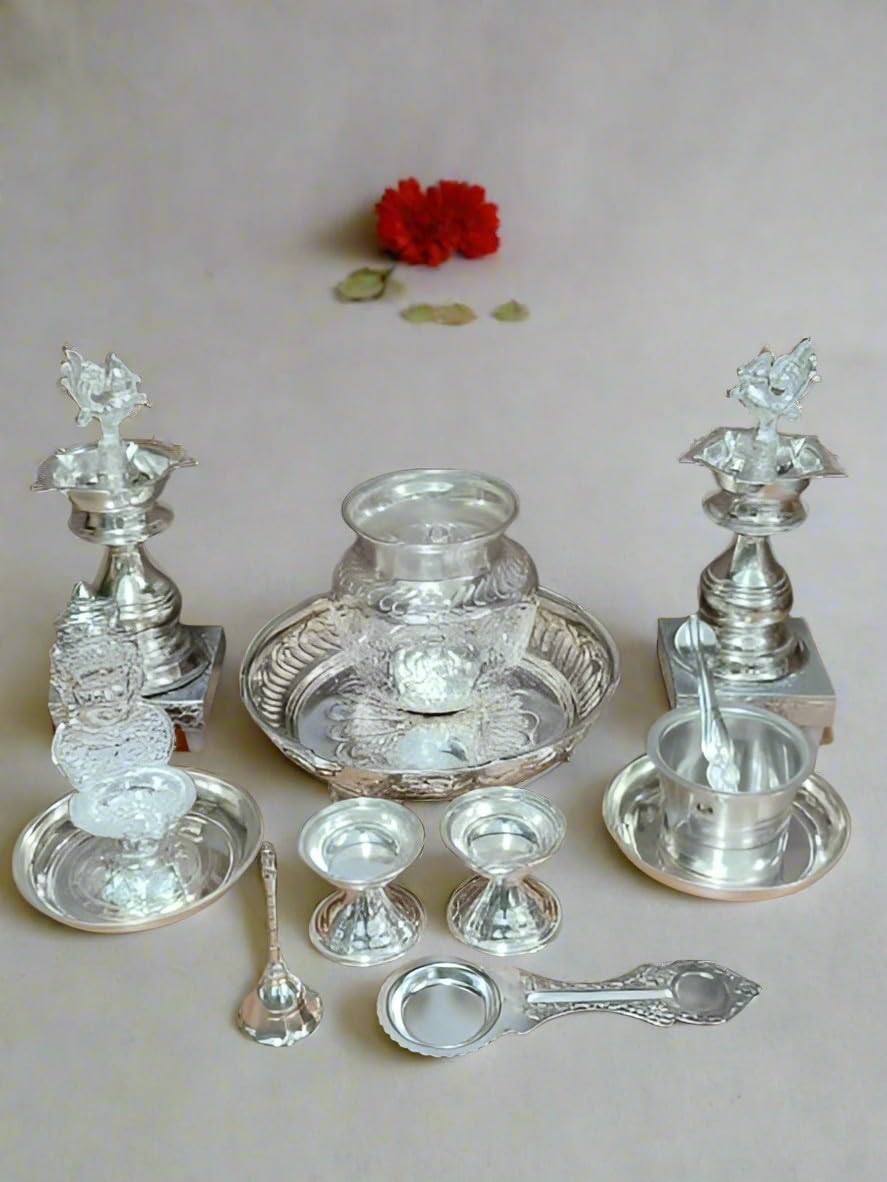 Pooja thali argent allemand 14 pièces pour harmoniser votre nouvel espace de vie