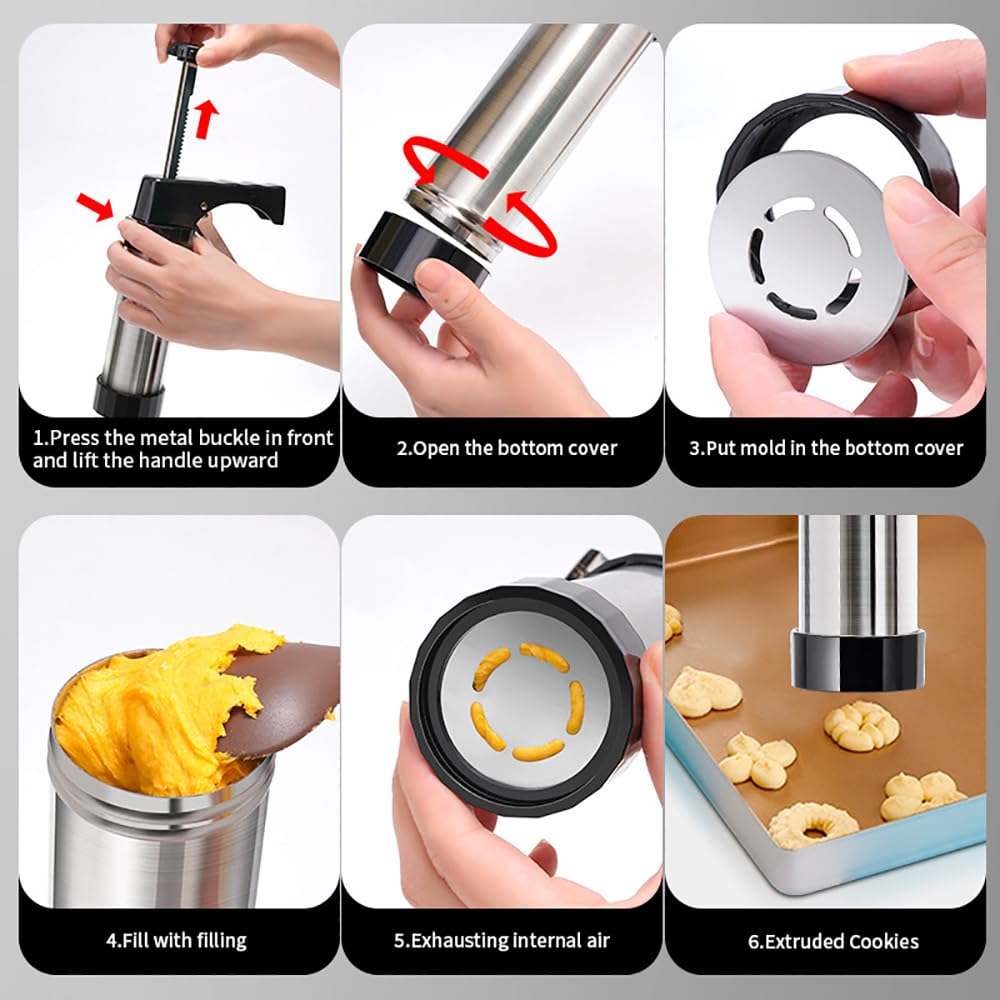Sparabiscotti Pressa per Biscotti in Acciaio Inossidabile,Professionale Biscotto in Inox Biscotti Sparabiscotti con 1 PCS Pistola di Glassa + 8 PCS Stampo per Biscotti + 4 PCS Punte di Glassa Biscuit